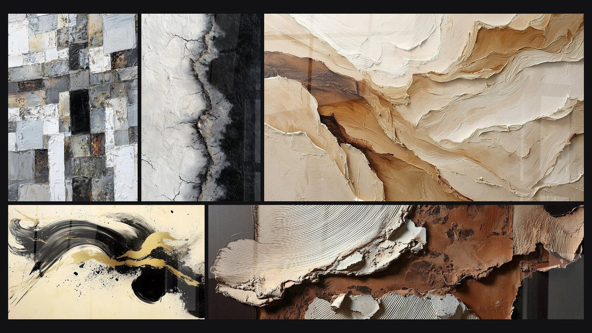 Mosaico de cinco cuadros, entre ellos Mosaico Abstracto Gris y Blanco, Ciervo Pasión Negro y Abstracto Beige y Tierra