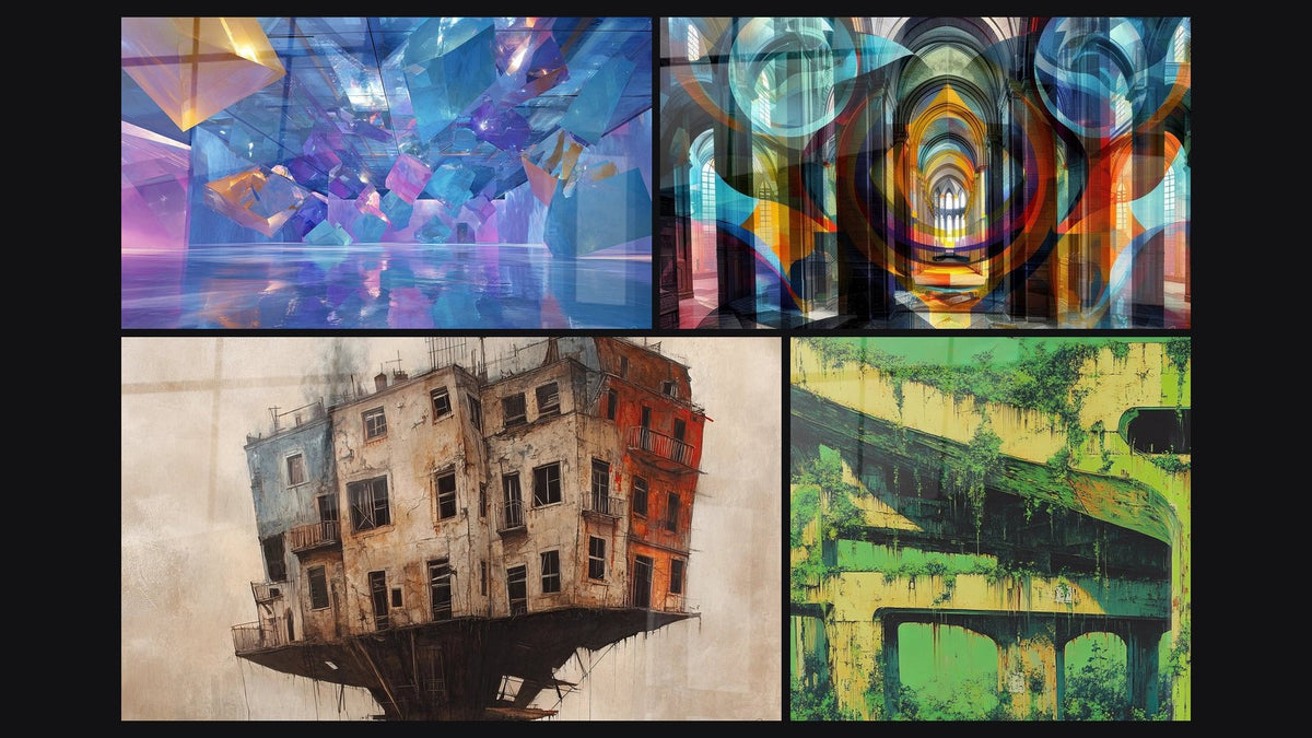 Mosaico di quattro quadri, tra cui Cristalli Architettura Futuristica e Edificio Sospeso