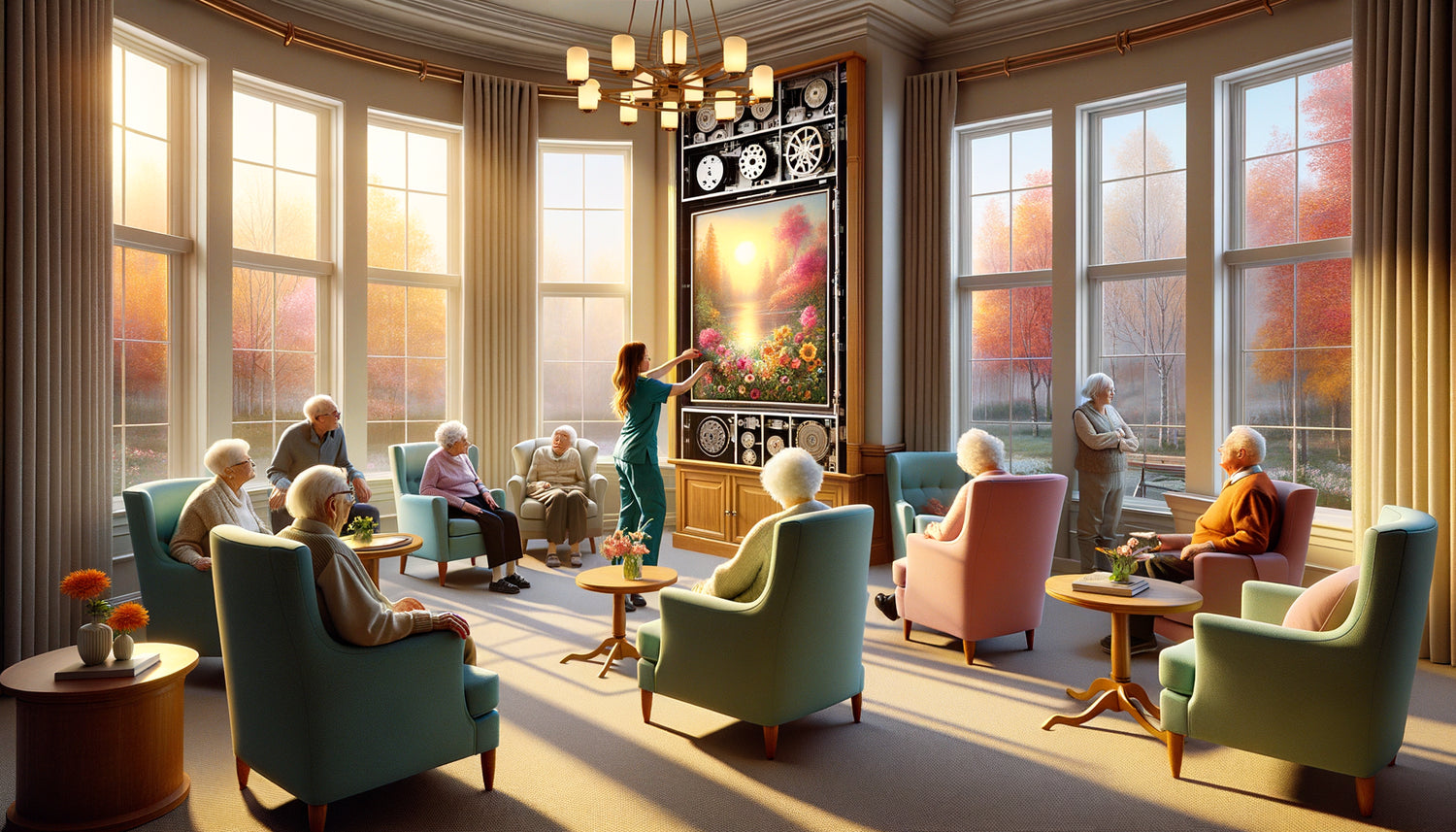Résidence seniors avec système de rotation de tableaux, résidents admirant le changement d'œuvres saisonnières dans espace commun chaleureux