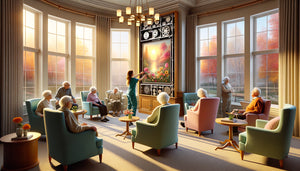 Résidence seniors avec système de rotation de tableaux, résidents admirant le changement d'œuvres saisonnières dans espace commun chaleureux