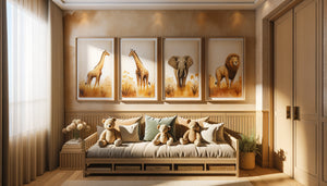 Chambre d'enfant thème safari avec tableaux harmonisés représentant animaux de la savane en tons ocre et beige
