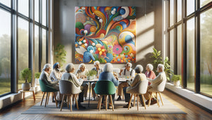 Résidents en salle d'activités contemporaine stimulés par tableau coloré abstrait, interaction créative collective