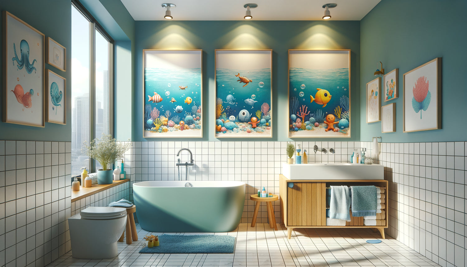 Salle de bain familiale moderne avec tableaux résistants à l'humidité, thèmes marins adaptés aux enfants