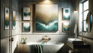 Tableaux encadrés résistants à l'humidité installés dans une salle de bain moderne avec protection anti-vapeur