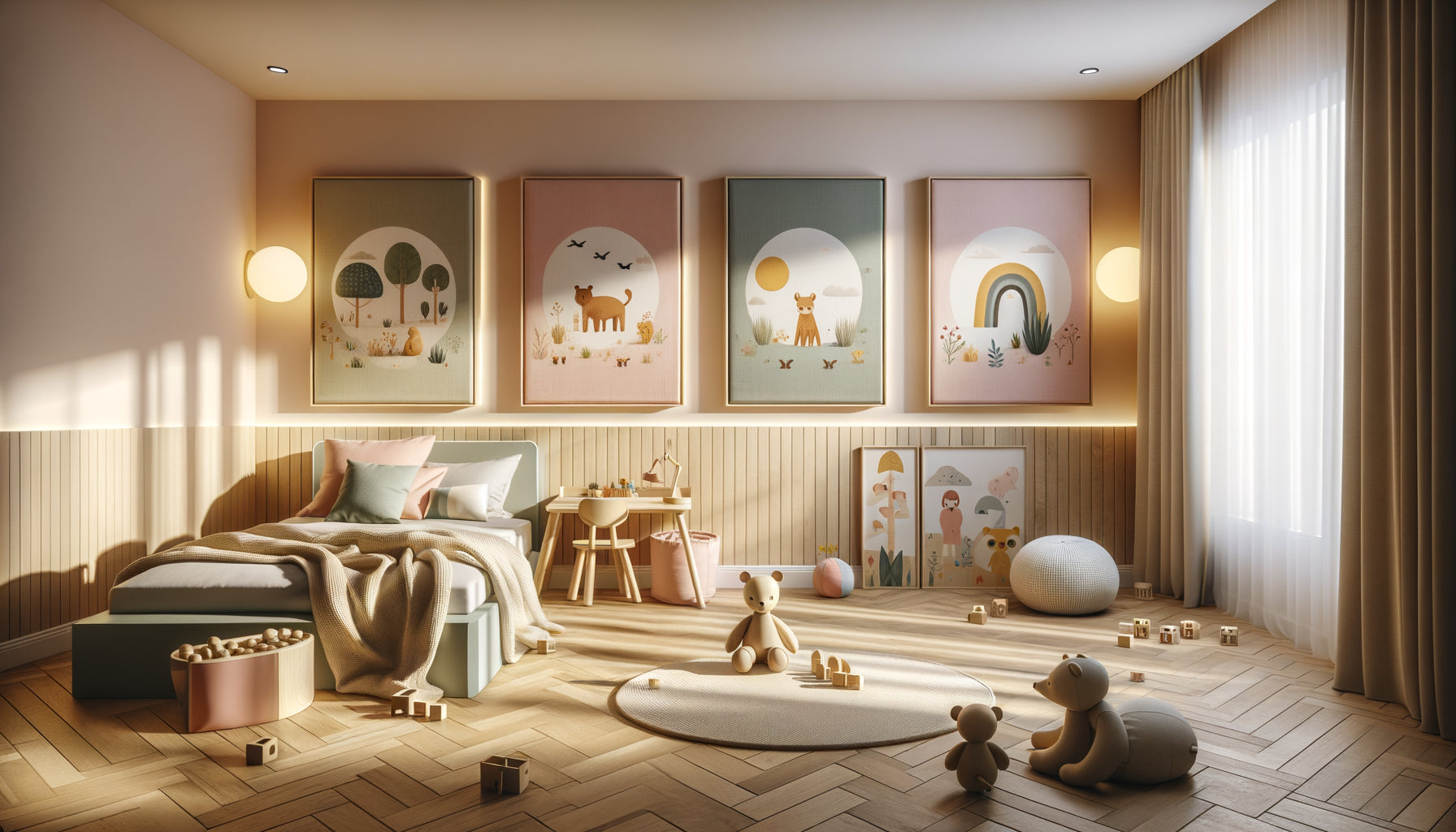 Chambre d'enfant contemporaine avec tableaux en toile sans cadre ni verre, accrochés au mur de façon sécurisée