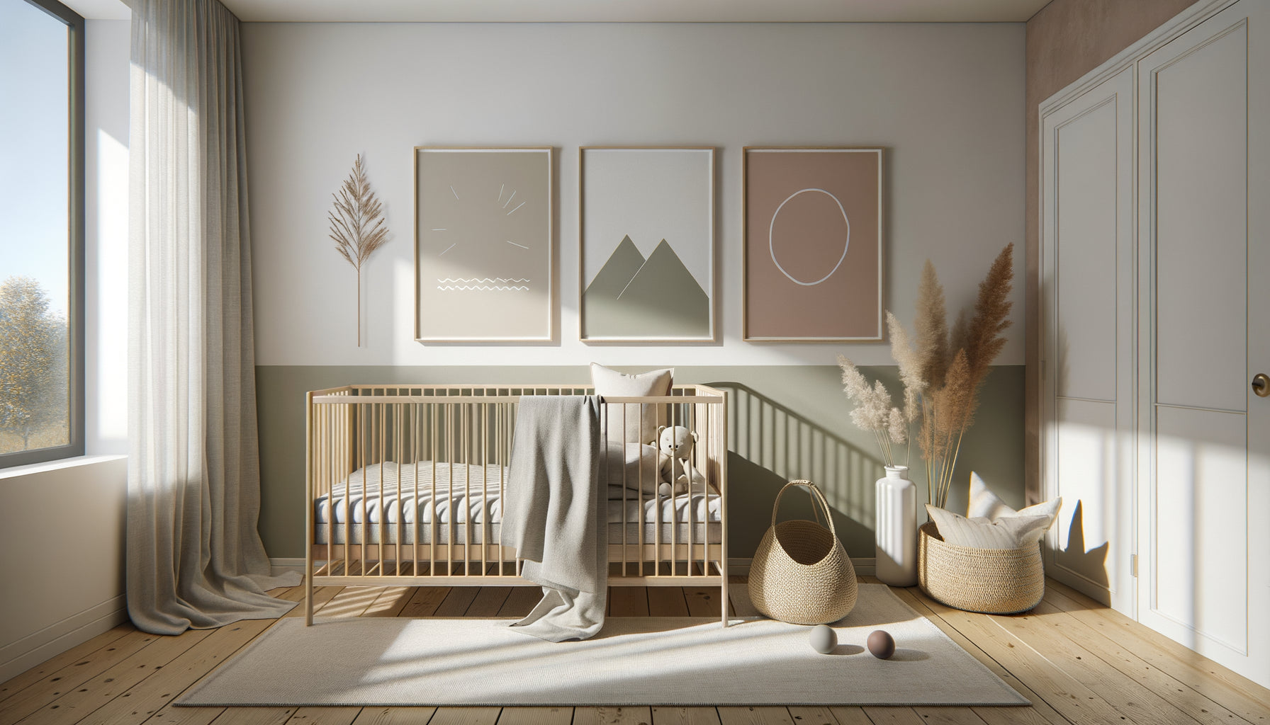 Chambre d'enfant scandinave minimaliste avec tableaux géométriques épurés aux tons pastel doux sur mur blanc