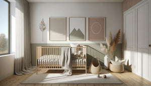 Chambre d'enfant scandinave minimaliste avec tableaux géométriques épurés aux tons pastel doux sur mur blanc