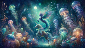 Peinture féerique de sirènes et créatures marines fantastiques dans une scène sous-marine onirique aux couleurs chatoyantes stimulant l'imagination