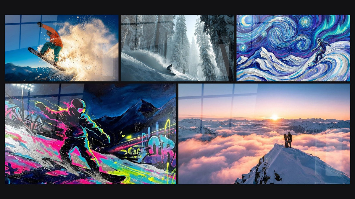 Mosaïque de cinq tableaux, dont Snowboard Jump Powder, Snowboard Poudreuse et Snowboard Graffiti Street Art
