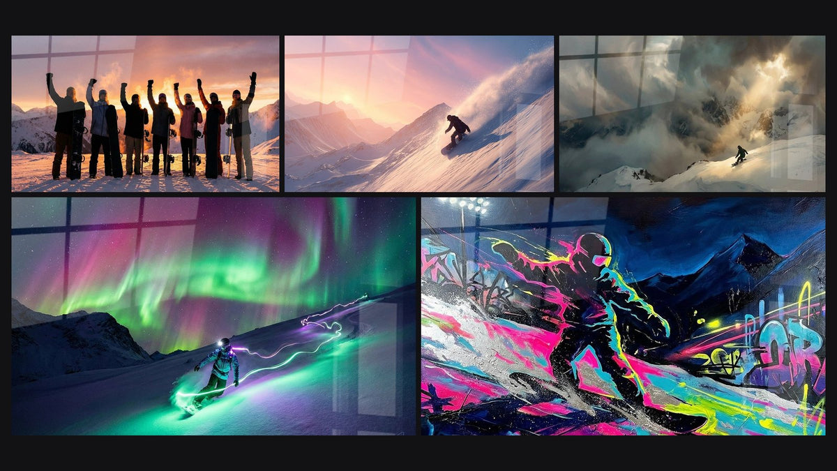 Mosaic of five paintings, including Group Snowboarders Sunset, Snowboard Northern Lights and Snowboard Sunset