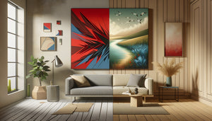 Comparaison visuelle entre tableau stimulant aux formes chaotiques et couleurs vives versus tableau apaisant aux teintes douces et formes organiques