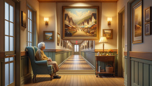 Résidente senior contemplant un tableau nostalgique dans un environnement thérapeutique d'EHPAD avec art mural stimulant la mémoire