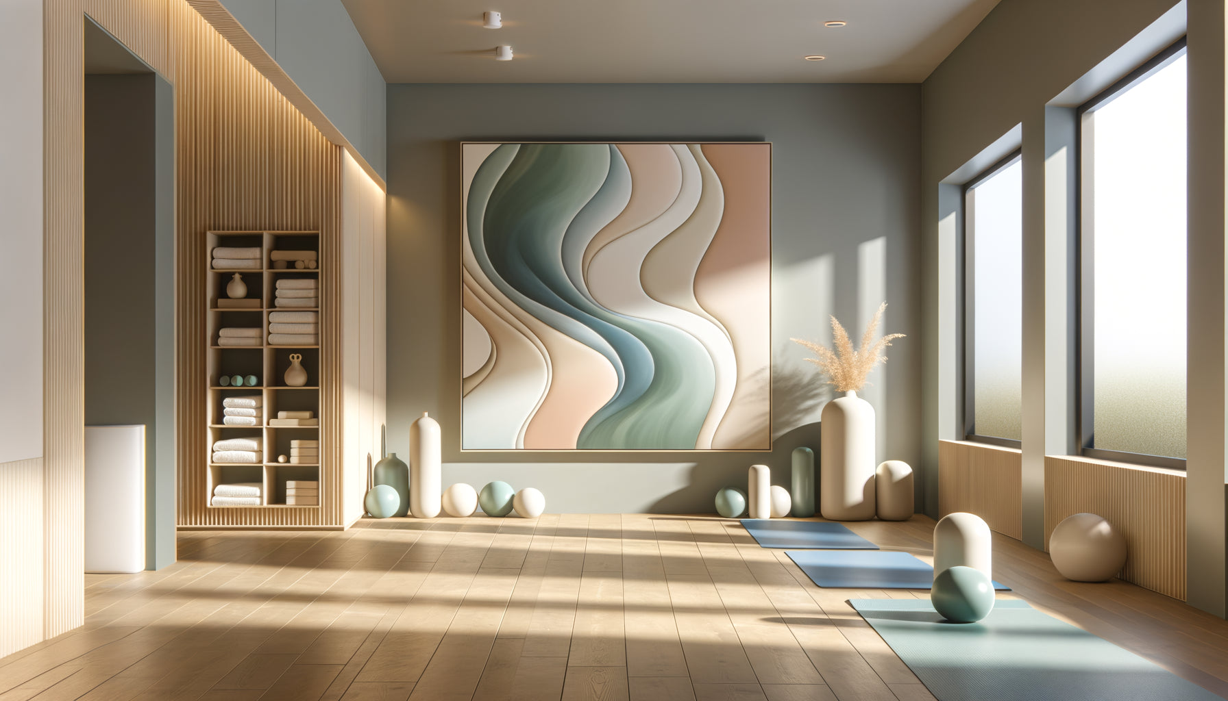 Studio de yoga moderne avec tableaux abstraits apaisants aux tons pastel, conçu pour rassurer les débutants