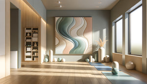 Studio de yoga moderne avec tableaux abstraits apaisants aux tons pastel, conçu pour rassurer les débutants
