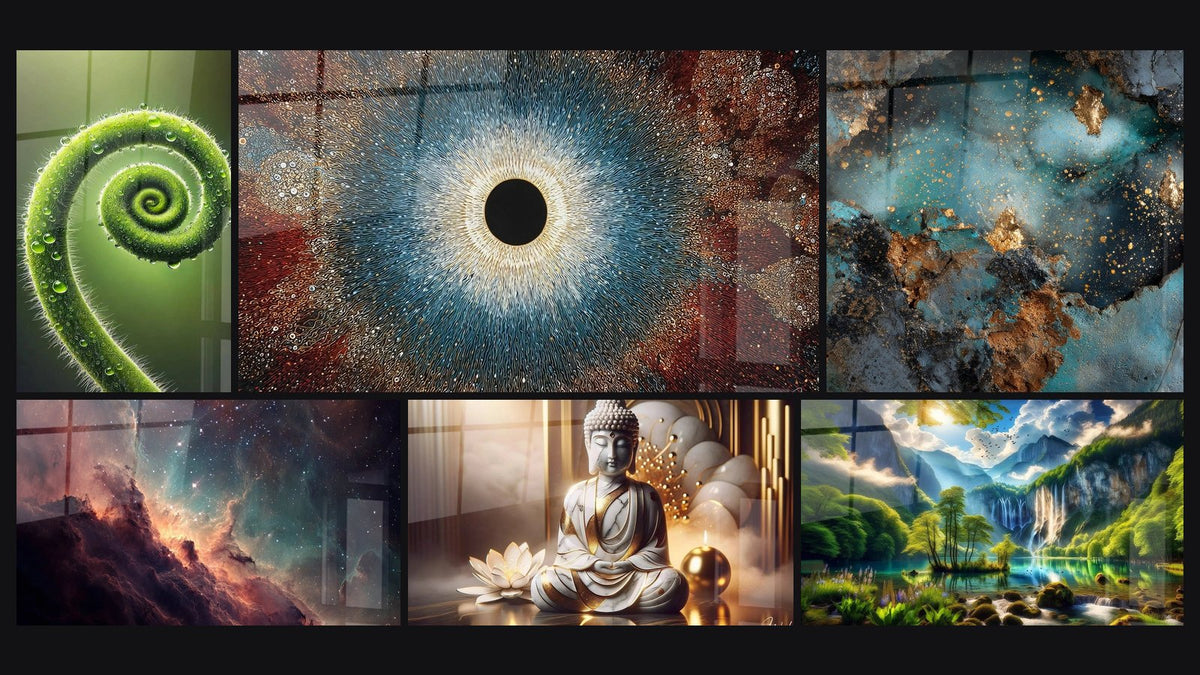 Mosaïque de six tableaux, dont Spirale de Vie, Œil cosmique et Nébuleuse stellaire