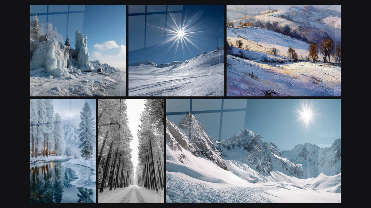 Mosaic of six paintings, including Spectacular Glacial Landscape, Forest Road Snow and Snowy Mountain
