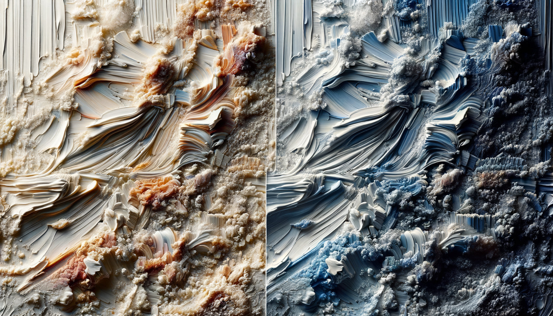 Comparaison photographique macro de surfaces de tableaux : texture impasto rugueuse versus toile lisse pour analyse bactériologique