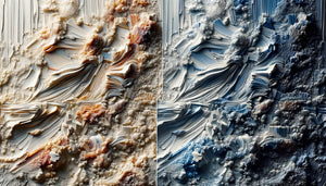Comparaison photographique macro de surfaces de tableaux : texture impasto rugueuse versus toile lisse pour analyse bactériologique