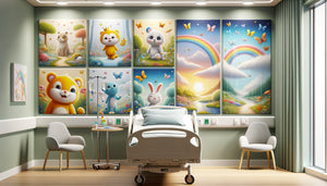 Tableaux thérapeutiques colorés et apaisants sur mur de service pédiatrique hospitalier avec personnages enfantins