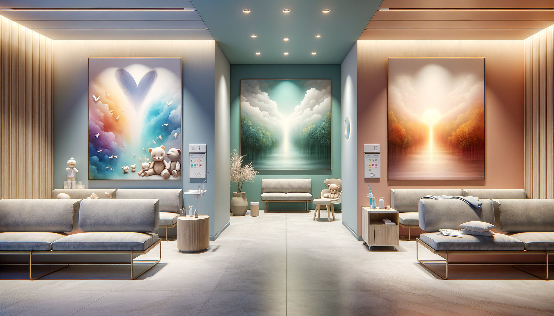 Trois espaces médicaux contemporains avec tableaux thérapeutiques adaptés : pédiatrie colorée, cardiologie apaisante bleue, oncologie aux tons doux