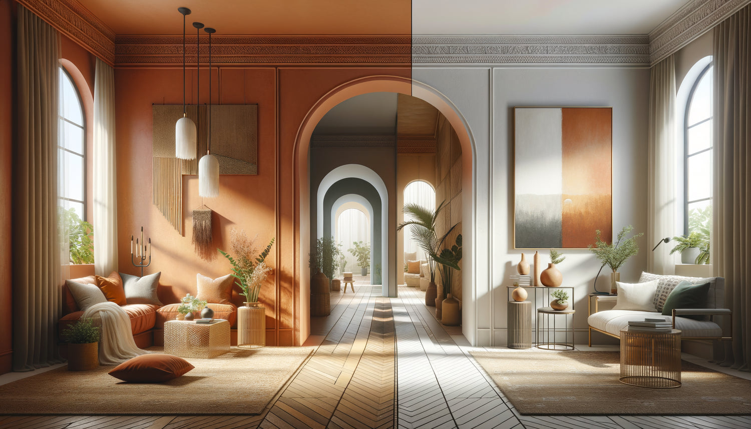 Couloir de transition avec tableau harmonisant pièces bohème et minimaliste par choix stratégique des couleurs