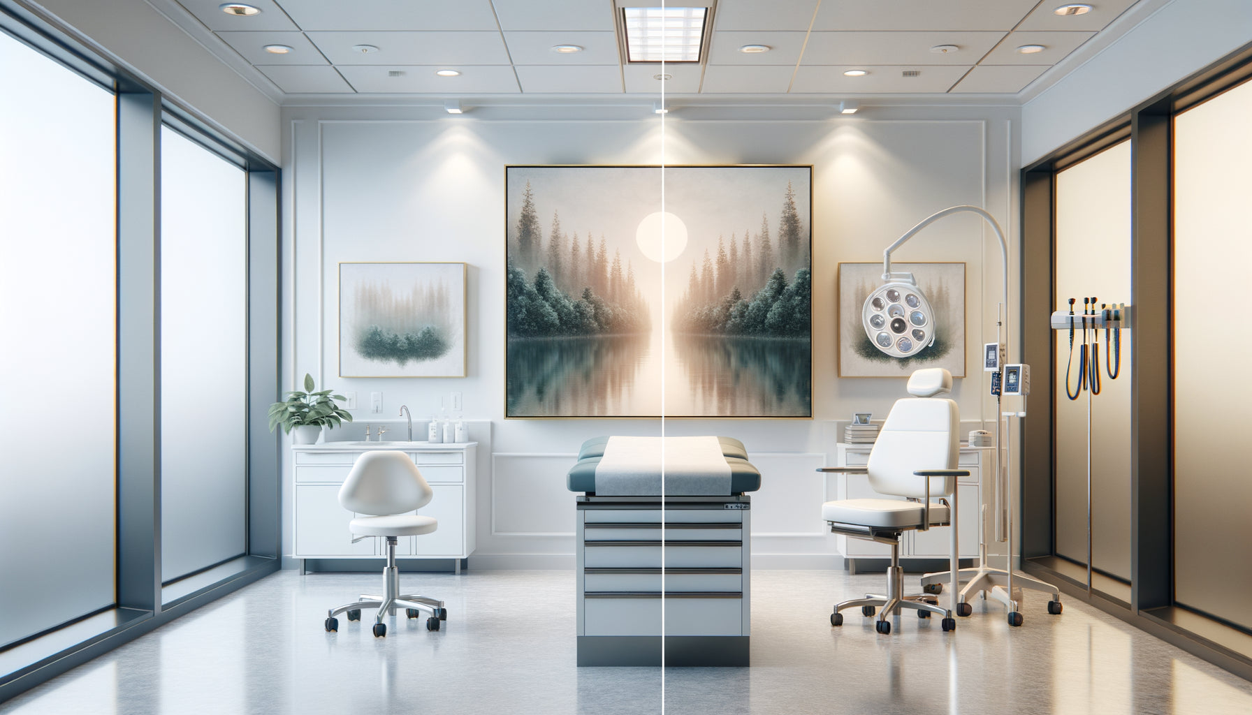 Comparaison entre tableau sous verre et toile sans verre dans un cabinet médical moderne