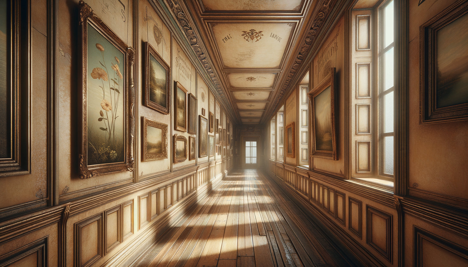 Couloir vintage années 1940 avec tableaux patinés dans cadres anciens créant atmosphère nostalgique et intemporelle