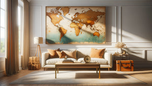 Intérieur contemporain avec collection de tableaux sur le thème du voyage : carte du monde vintage et paysages iconiques