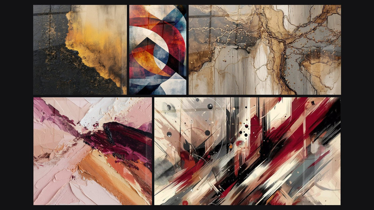 Mosaico de cinco cuadros, entre ellos Formas geométricas circulares y Turbulencia Artística