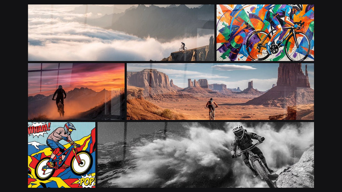 Mosaik aus sechs Gemälden, darunter Mountainbike Sonnenuntergang Berg, Mountainbike Pop Art und MTB Staubige Abfahrt