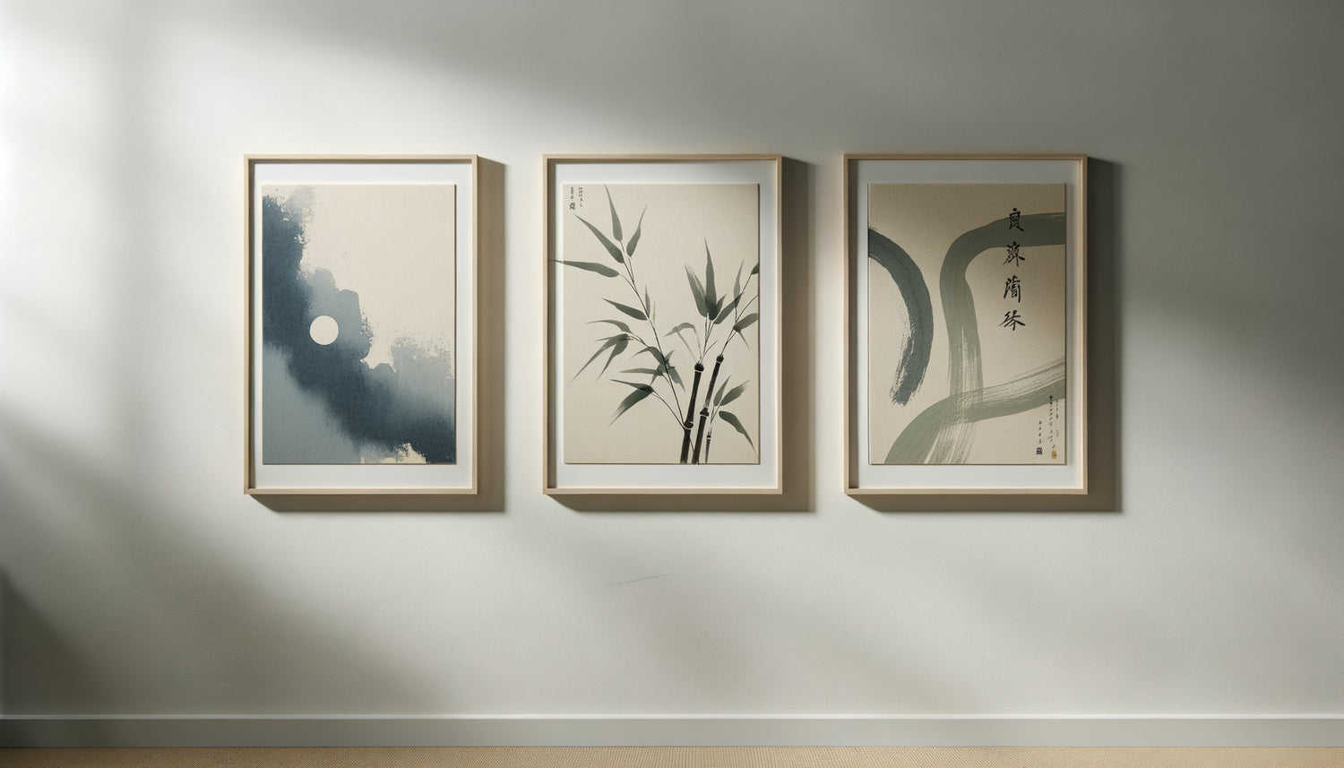 Trois tableaux zen aux couleurs apaisantes : bleu profond, vert naturel et beige, dans intérieur minimaliste