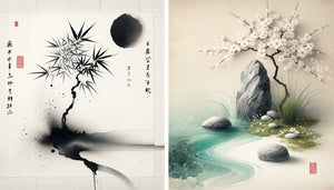 Comparaison visuelle de deux tableaux zen minimalistes : monochrome noir et blanc versus couleurs douces, même épure