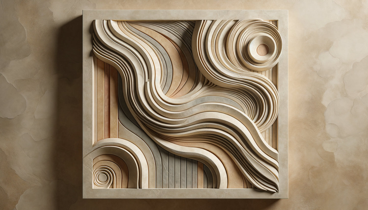 Art mural abstrait contemporain réalisé en tadelakt marocain traditionnel, surface sculptée aux nuances organiques terracotta et beige