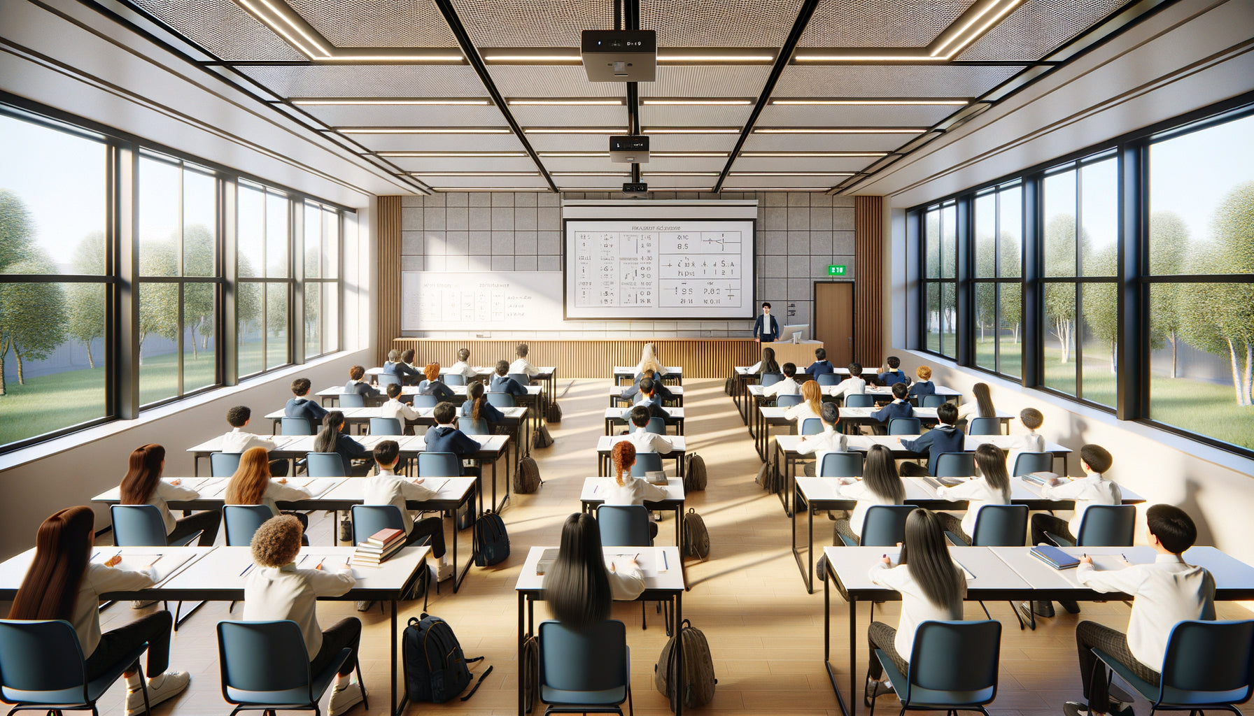 Salle de classe moderne avec grand tableau blanc et 30 élèves démontrant la visibilité optimale