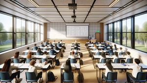 Salle de classe moderne avec grand tableau blanc et 30 élèves démontrant la visibilité optimale