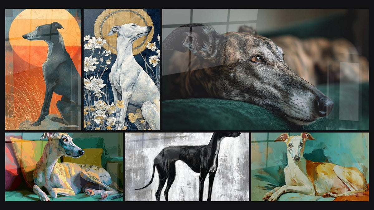 Mosaïque de six tableaux, dont Lévrier Noir sur Fond de Soleil Couchant et Lévrier Allongé sur Canapé Turquoise