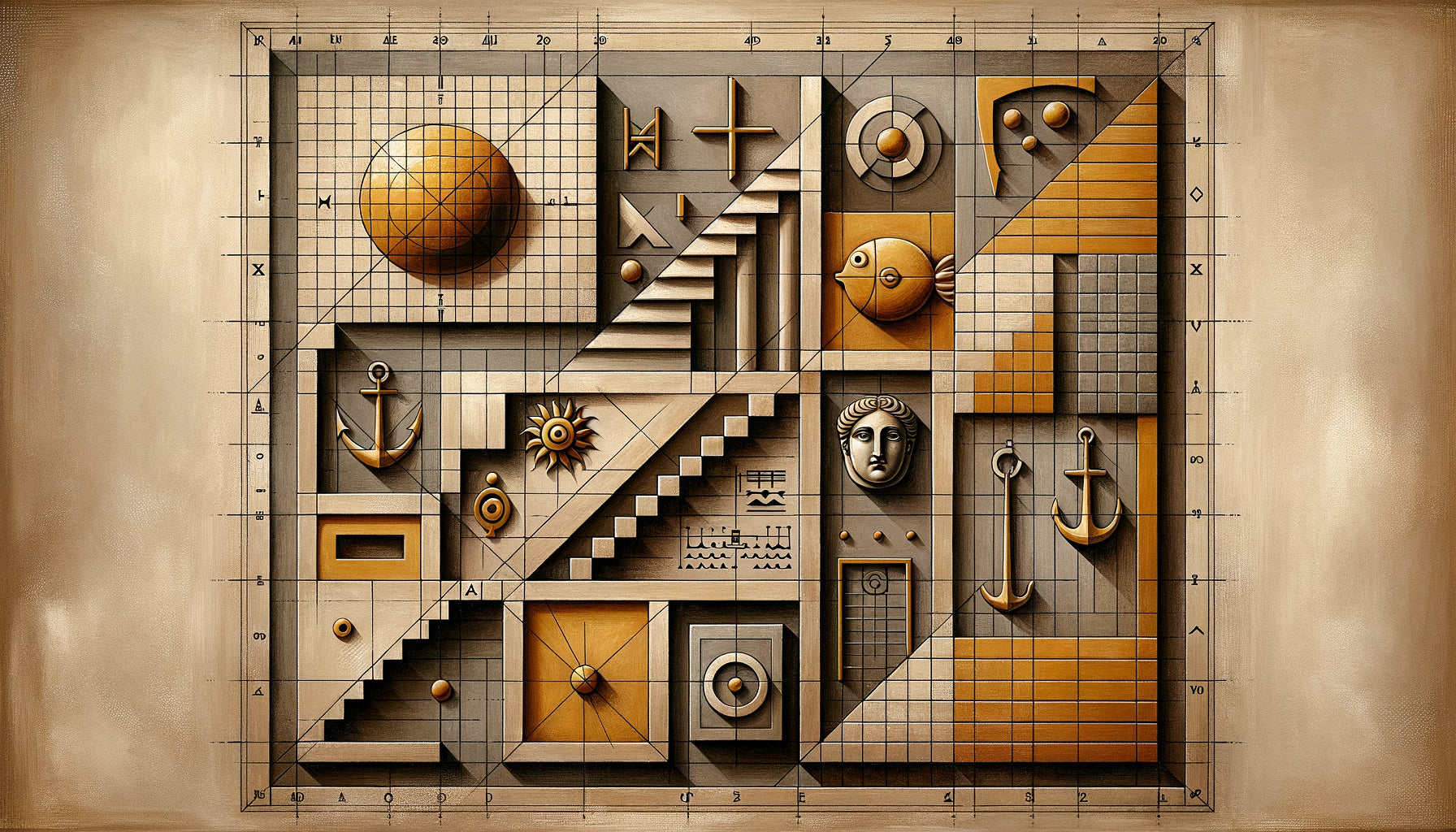 Composition monochrome constructiviste du Taller Torres García, grille géométrique avec symboles universels, tons ocres, années 1940