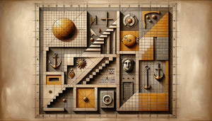 Composition monochrome constructiviste du Taller Torres García, grille géométrique avec symboles universels, tons ocres, années 1940