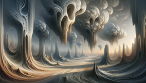 Paysage surréaliste extraterrestre dans le style d'Yves Tanguy, formes biomorphiques et horizons infinis, années 1930-40