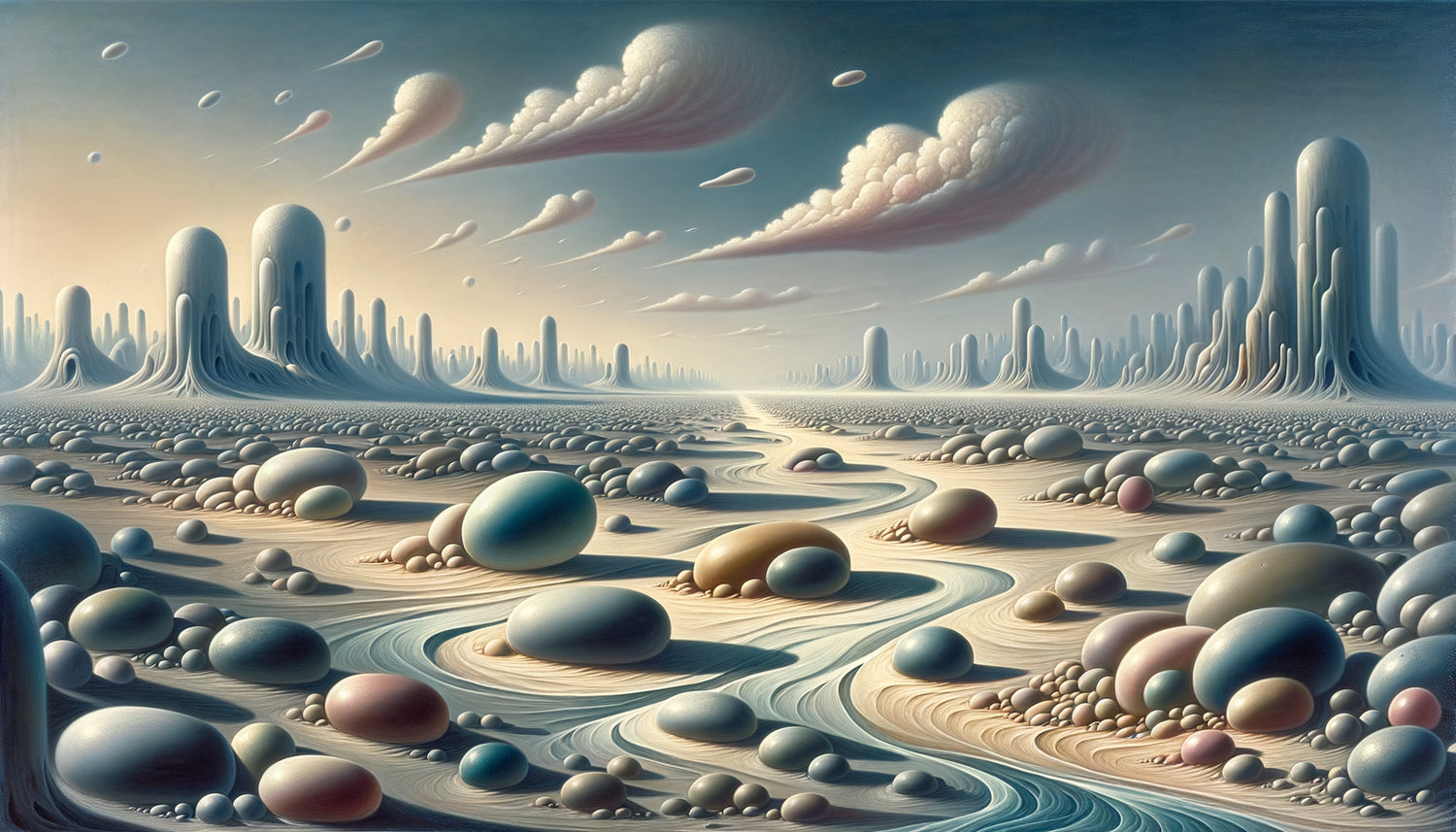 Paysage surréaliste dans le style d'Yves Tanguy avec formes biomorphiques extraterrestres sur horizon infini, palette gris-bleu