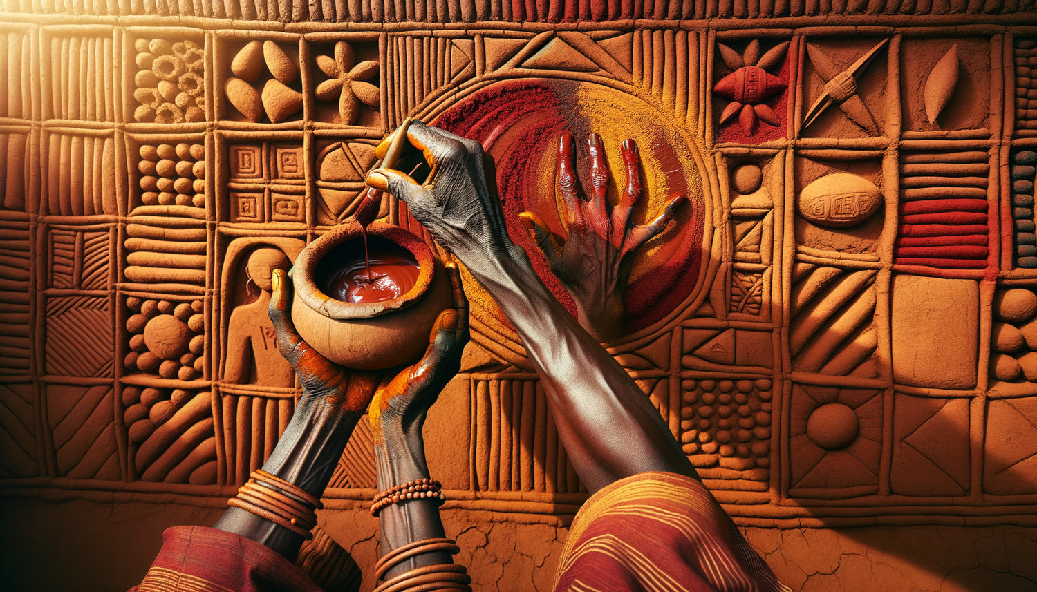 Application traditionnelle de pigments naturels fixés aux tanins d'écorce sur fresque murale africaine ancestrale