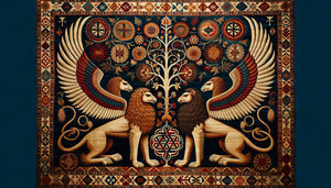 Tapis arménien médiéval du Caucase avec lions, aigles et cerfs affrontés en symétrie, motifs géométriques sacrés