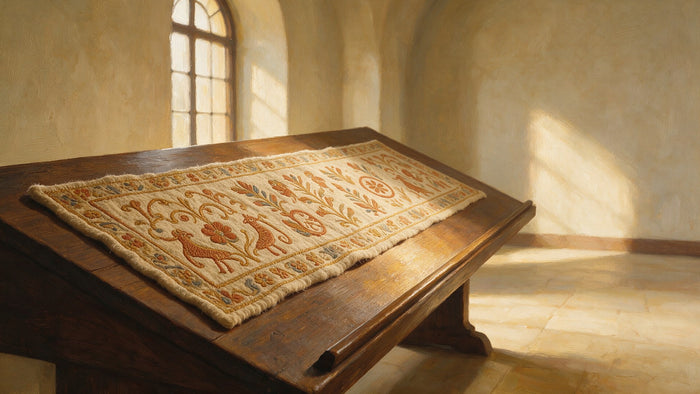 Un long textile brodé de style médiéval présenté sur une table inclinée dans une salle de musée silencieuse et peu éclairée.