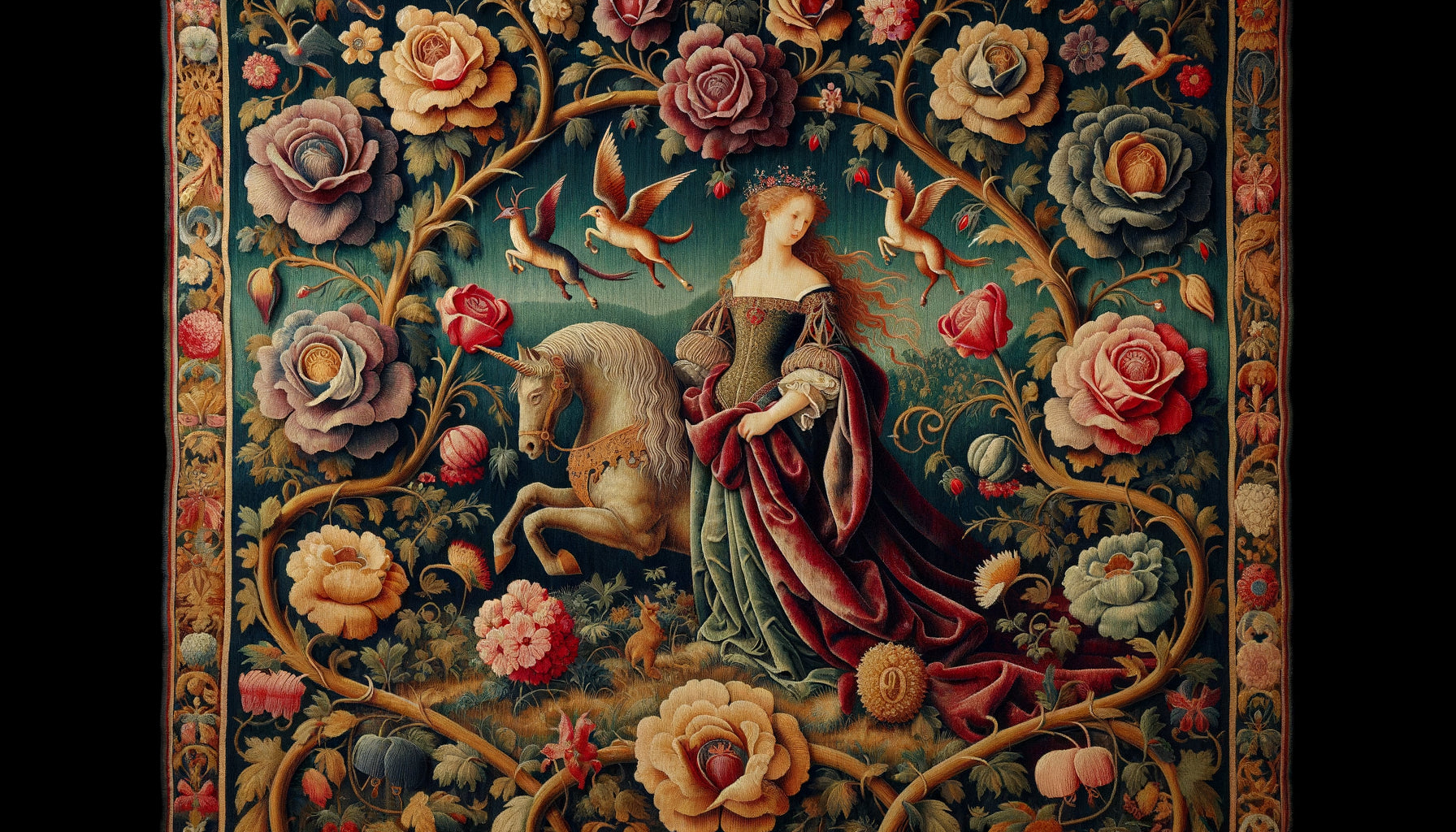 Détail de tapisserie millefleurs médiévale Dame à la Licorne, style gothique tardif 1500, fleurs symboliques et licorne