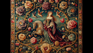 Détail de tapisserie millefleurs médiévale Dame à la Licorne, style gothique tardif 1500, fleurs symboliques et licorne