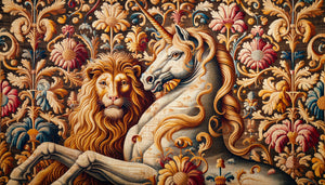 Détail de tapisserie médiévale du 14e siècle montrant lion et licorne avec pigments naturels vieillis différemment