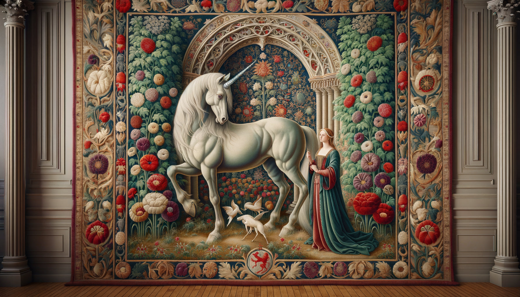 Tapisserie médiévale du 15e siècle représentant une licorne blanche immaculée dans un jardin fleuri gothique