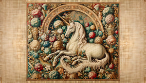 Tapisserie médiévale du 15ème siècle représentant une licorne blanche dans un jardin millefleurs, style gothique flamand, symbolisme intemporel