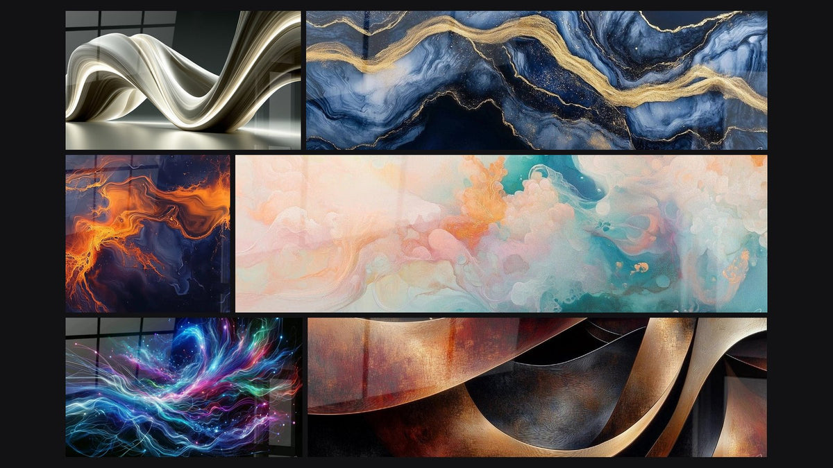 Mosaico di sei quadri, tra cui Onda scolpita avorio e antracite, Marmo Liquido Eternità Blu e Rinascita Magma Arancione