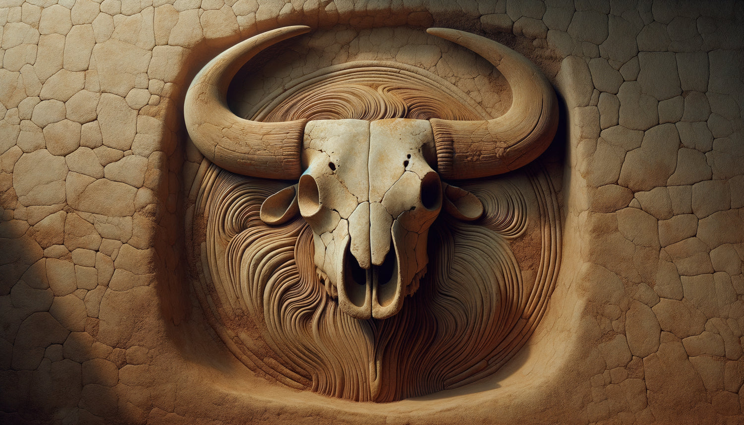 Reconstitution d'un taureau monumental néolithique de Çatalhöyük modelé dans un mur avec crâne réel et pigments ocres, 7000 av. J.-C.